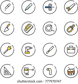 line vector icon set - pipette vector, thermometer, steel rolling, saw, trowel, measuring tape, side cutters, wood drill, rasp, tool box, corner ruler, laser lever, allen key, drum