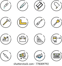 line vector icon set - pipette vector, thermometer, bucksaw, fretsaw, mason hammer, corner ruler, chisel, wood drill, stapler, tool box, laser lever, forceps, xylophone, horn toy, piano