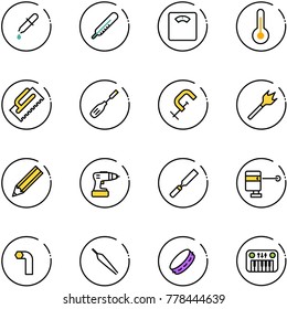 line vector icon set - pipette vector, thermometer, floor scales, trowel, chisel, clamp, wood drill, pencil, rasp, laser lever, allen key, forceps, tambourine, toy piano