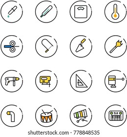 line vector icon set - pipette vector, thermometer, floor scales, steel rolling, fretsaw, trowel, wood drill, machine, jig saw, corner ruler, laser lever, allen key, drum, xylophone, toy piano