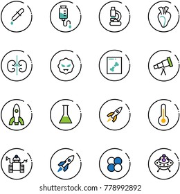 line vector icon set - pipette vector, drop counter, lab, heart, kidneys, virus, x ray, telescope, rocket, flask, thermometer, robot, atom core, ufo toy