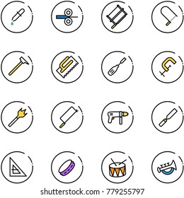line vector icon set - pipette vector, steel rolling, bucksaw, fretsaw, mason hammer, trowel, chisel, clamp, wood drill, metal hacksaw, machine, rasp, corner ruler, tambourine, drum, horn toy