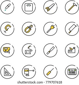 line vector icon set - pipette vector, floor scales, saw, mason hammer, clamp, side cutters, wood drill, metal hacksaw, jig, welding, rasp, stapler, corner ruler, laser lever, awl, toy piano