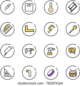 line vector icon set - pipette vector, floor scales, thermometer, bucksaw, trowel, corner ruler, clamp, wood drill, metal hacksaw, machine, jig saw, allen key, tambourine, drum