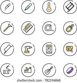 line vector icon set - pipette vector, thermometer, bucksaw, mason hammer, trowel, measuring tape, side cutters, metal hacksaw, drill, multimeter, jig saw, welding, stapler, guitar, tambourine