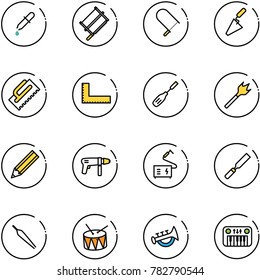 line vector icon set - pipette vector, bucksaw, fretsaw, trowel, corner ruler, chisel, wood drill, pencil, machine, welding, rasp, forceps, drum, horn toy, piano