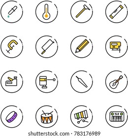 line vector icon set - pipette vector, thermometer, mason hammer, level, clamp, metal hacksaw, pencil, jig saw, stapler, laser lever, forceps, guitar, tambourine, drum, xylophone, toy piano