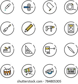 line vector icon set - pipette vector, steel rolling, fretsaw, measuring tape, chisel, pencil, drill machine, multimeter, stapler, corner ruler, laser lever, forceps, drum, xylophone, horn toy