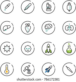 line vector icon set - pipette vector, thermometer, lab, drop counter, liver, heart, brain, kidneys, virus, rocket, round flask, satellite, forceps