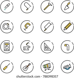 line vector icon set - pipette vector, fretsaw, mason hammer, trowel, measuring tape, clamp, metal hacksaw, pencil, multimeter, welding, corner ruler, allen key, awl, guitar, xylophone, horn toy