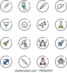 line vector icon set - pipette vector, drop counter, thermometer, liver, bladder, virus, telescope, flask, rocket, satellite, robot, atom core, forceps, ufo toy