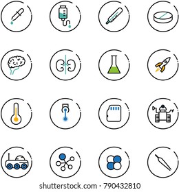 line vector icon set - pipette vector, drop counter, thermometer, pill, brain, kidneys, flask, rocket, laser, micro flash card, robot, moon rover, molecule, atom core, forceps