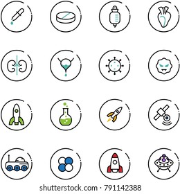 line vector icon set - pipette vector, pill, drop counter, heart, kidneys, bladder, virus, rocket, round flask, satellite, moon rover, atom core, ufo toy