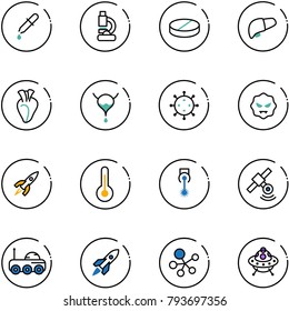 line vector icon set - pipette vector, lab, pill, liver, heart, bladder, virus, rocket, thermometer, laser, satellite, moon rover, molecule, ufo toy