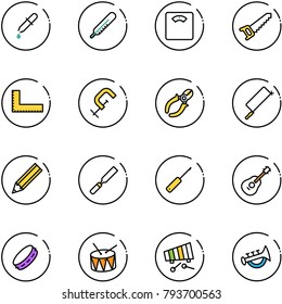 line vector icon set - pipette vector, thermometer, floor scales, saw, corner ruler, clamp, side cutters, metal hacksaw, pencil, rasp, awl, guitar, tambourine, drum, xylophone, horn toy