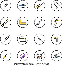 line vector icon set - pipette vector, steel rolling, saw, fretsaw, level, corner ruler, chisel, clamp, rasp, tool box, allen key, awl, tambourine, drum, horn toy