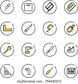 line vector icon set - pipette vector, floor scales, bucksaw, trowel, corner ruler, chisel, clamp, side cutters, wood drill, rasp, stapler, allen key, awl, toy piano