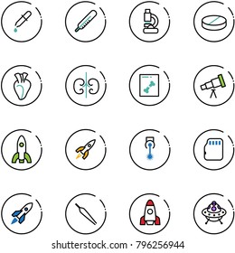 line vector icon set - pipette vector, thermometer, lab, pill, heart, kidneys, x ray, telescope, rocket, laser, micro flash card, forceps, ufo toy