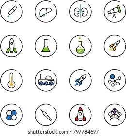 line vector icon set - pipette vector, liver, kidneys, telescope, rocket, flask, round, thermometer, moon rover, molecule, atom core, forceps, ufo toy