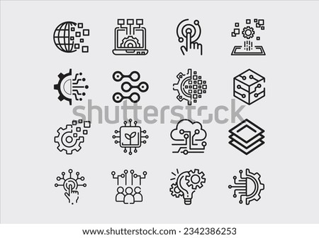 line vector icon set. Pixel perfect. Editable stroke. The set contains icons for artificial intelligence, robots, Computer languages, Big Data, Digital profiles, AI Research, and neural networks.