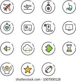 line vector icon set - plane vector, departure, christmas ball, stomach, stopwatch heart, safe, account history, monitor cursor, left arrow, refresh cloud, puzzle, sand clock, success, starfish