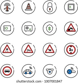line vector icon set - plane radar vector, road cone, lock, safe, embankment sign, slippery, side wind, cow, limited height, no bus, car wireless, surveillance camera, key