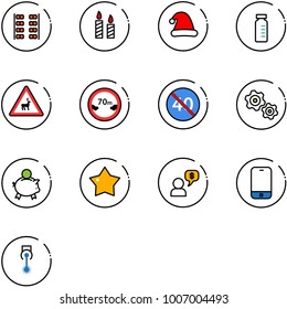 line vector icon set - plane seats vector, candle, christmas hat, vial, wild animals road sign, limited distance, end minimal speed limit, gears, piggy bank, star medal, money dialog, mobile phone