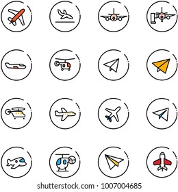 line vector icon set - plane vector, arrival, boarding passengers, small, helicopter, paper fly, toy