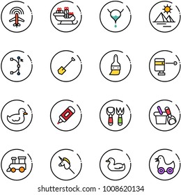 line vector icon set - plane radar vector, santa sleigh, bladder, pyramid, bezier, shovel, brush, laser lever, duck toy, marker, fork, bucket, train, unicorn stick