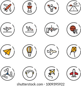 line vector icon set - plane vector, airport tower, traffic controller, runway, departure, arrival, boarding passengers, globe, paper fly, air balloon, kite, wind mill, protect glass, toy