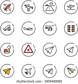 line vector icon set - plane vector, traffic controller, runway, departure, trap truck, small, helicopter, seats, baggage scales, airport road sign, paper, fly