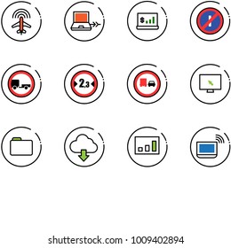 line vector icon set - plane radar vector, netabook connect, account statistics, no parkin odd, trailer road sign, limited width, truck overtake, monitor cursor, folder, download cloud