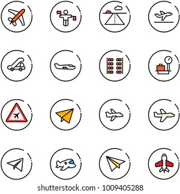 line vector icon set - plane vector, traffic controller, runway, departure, trap truck, small, seats, baggage scales, airport road sign, paper fly, toy