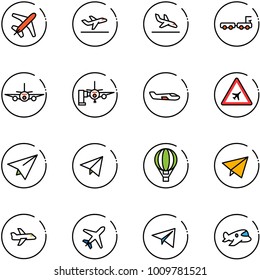 line vector icon set - plane vector, departure, arrival, baggage truck, boarding passengers, small, airport road sign, paper, fly, air balloon, toy