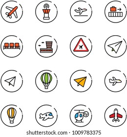 line vector icon set - plane vector, airport tower, departure, baggage, waiting area, building, road sign, paper, fly, air balloon, toy, helicopter