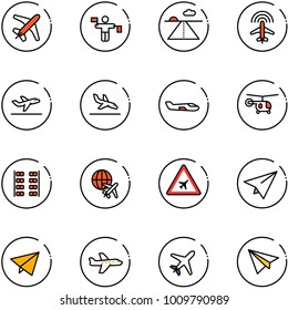 line vector icon set - plane vector, traffic controller, runway, radar, departure, arrival, small, helicopter, seats, globe, airport road sign, paper, fly
