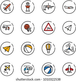 line vector icon set - plane vector, airport tower, boarding passengers, small, helicopter, globe, side wind road sign, paper fly, ball, air balloon, mill, kite, toy, beach