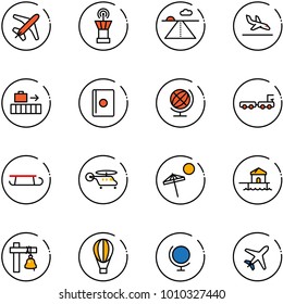 line vector icon set - plane vector, airport tower, runway, arrival, baggage, passport, globe, truck, sleigh, helicopter, beach, bungalow, ship bell, air balloon