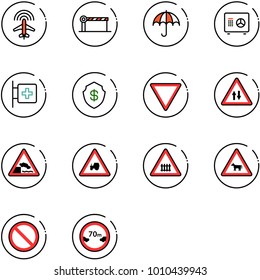 line vector icon set - plane radar vector, barrier, insurance, safe, first aid room, giving way road sign, oncoming traffic, embankment, tractor, railway intersection, cow, prohibition