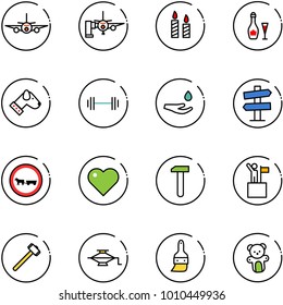 line vector icon set - plane vector, boarding passengers, candle, wine, dog, barbell, drop hand, road signpost sign, no cart horse, heart, work, win, sledgehammer, jack, brush, bear toy