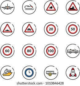 line vector icon set - plane vector, snowmobile, tractor way road sign, steep roadside, artificial unevenness, for moto, speed limit 20, 50, 60, 80, 100, cabrio, cruiser, clock, trailer, rocket