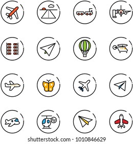 line vector icon set - plane vector, runway, baggage truck, boarding passengers, seats, paper, air balloon, helicopter, butterfly, toy