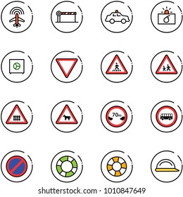 line vector icon set - plane radar vector, barrier, safety car, terrorism, safe, giving way road sign, pedestrian, children, railway intersection, cow, limited distance, no bus, parking, lifebuoy