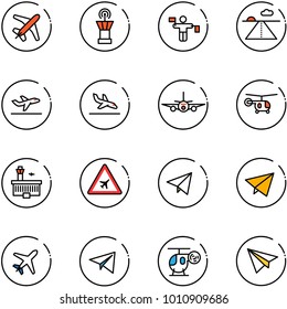 line vector icon set - plane vector, airport tower, traffic controller, runway, departure, arrival, helicopter, building, road sign, paper fly, toy