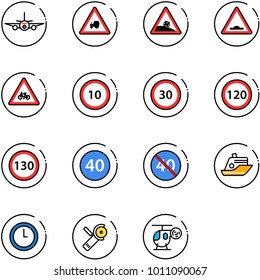 line vector icon set - plane vector, tractor way road sign, steep roadside, artificial unevenness, for moto, speed limit 10, 30, 120, 130, minimal, end, cruiser, clock, Angular grinder