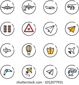 line vector icon set - plane vector, boarding passengers, small, helicopter, seats, airport road sign, paper, fly, air balloon, butterfly, boomerang, kite, toy