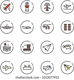 line vector icon set - plane vector, airport tower, radar, departure, small, helicopter, seats, building, paper, jointer, toy