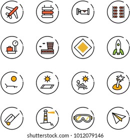 line vector icon set - plane vector, sign post, hotel, seats, baggage scales, airport building, main road, rocket, lounger, mat, beach, palm, suitcase, lighthouse, protective glasses, paper