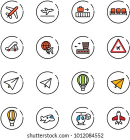 line vector icon set - plane vector, departure, baggage, waiting area, trap truck, globe, airport building, road sign, paper, fly, air balloon, toy, helicopter