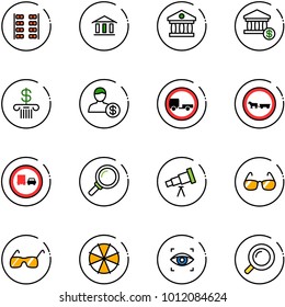 line vector icon set - plane seats vector, bank, account, no trailer road sign, cart horse, truck overtake, magnifier, telescope, sunglasses, parasol, eye scanner